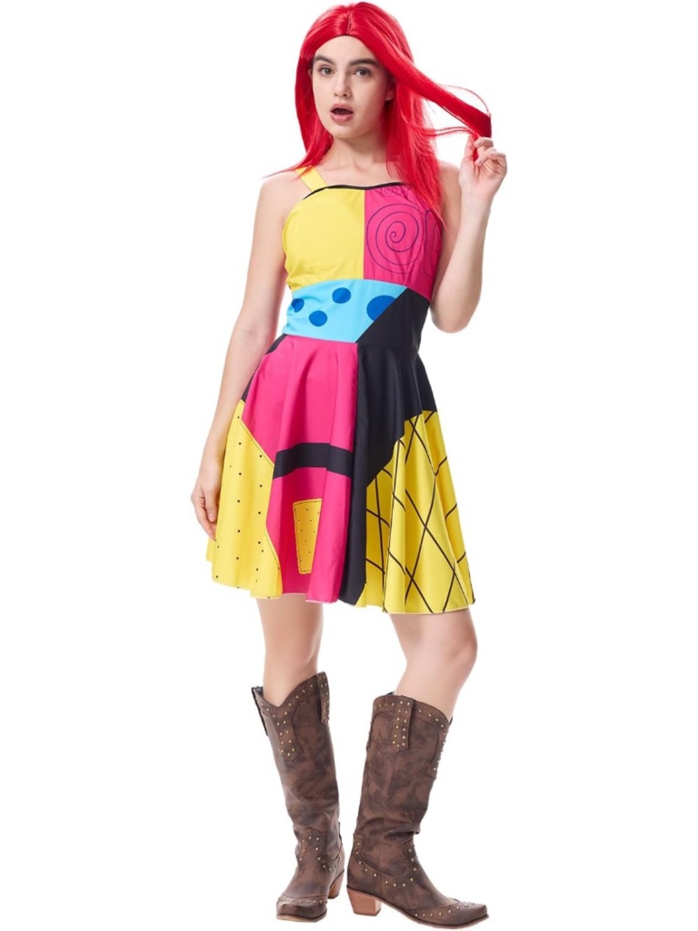 Sally Patchwork Skater Dress Girls Kids XL Cosplay Ragdoll Halloween Costume wig